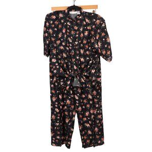 Feruccio VTG Outfit M Women Floral Button Up Tie Shirt Elastic Waist Pants Black